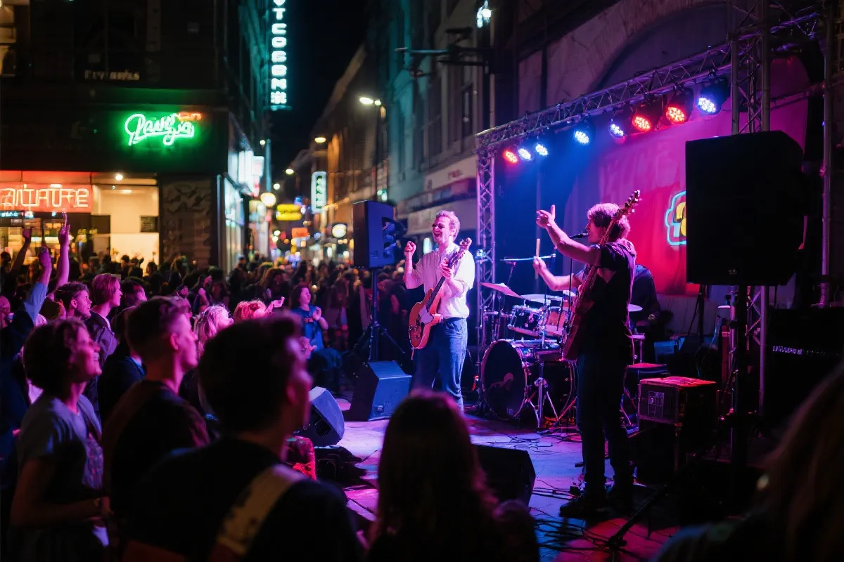 夜晚城市街区的现场音乐与球迷庆祝氛围，霓虹与人群