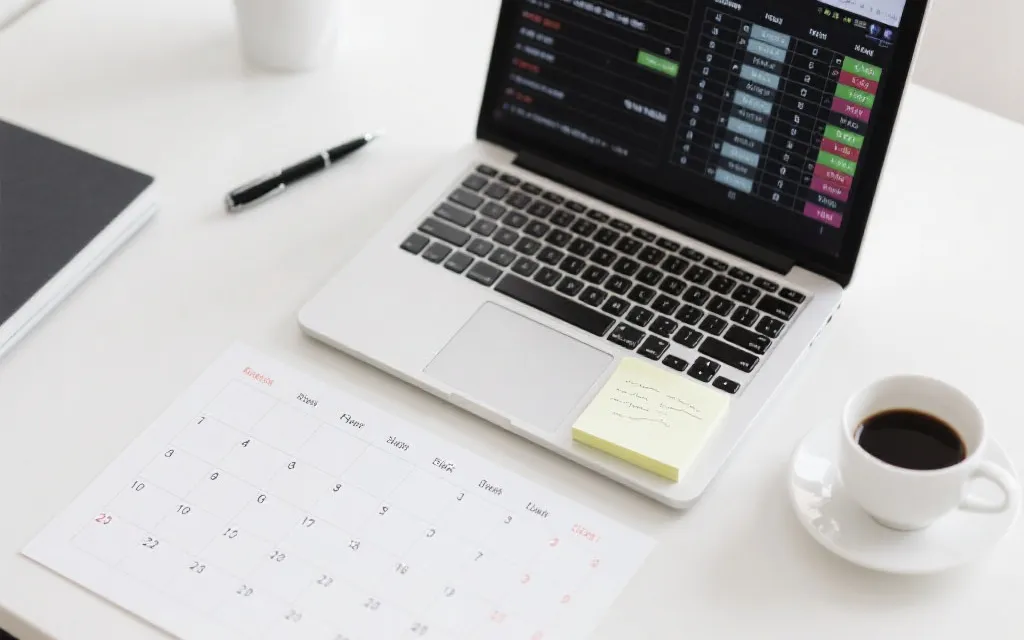 日历与时区转换的桌面场景，旁边有咖啡、便签、笔记本电脑显示比赛时间表，干净高级