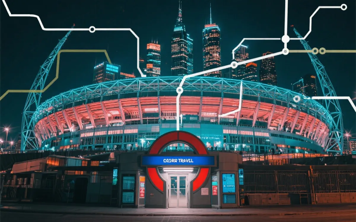 世界杯观赛旅行风格拼贴图：球场、地铁站、城市夜景与路线线条