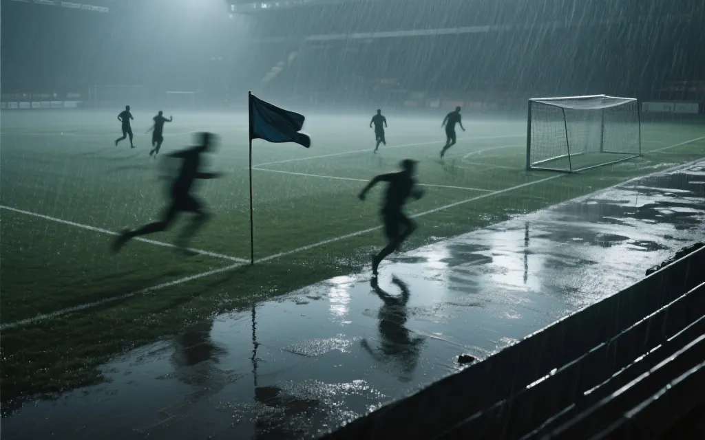 雨战球场与强风环境下的比赛画面，体现天气对比分的影响